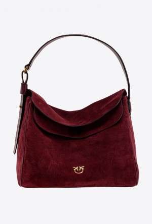 Pinko Big Leaf Bag Hobo In Suede INTENSE BERRY-ANTIQUE GOLD | SN-PKO32381