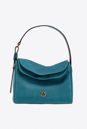 Pinko Classic Leaf Bag Hobo In Suede PACIFIC BLUE-ANTIQUE GOLD | SN-PKO32850