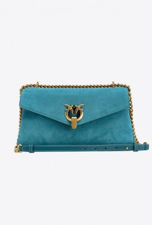 Pinko Cupido Bag Baguette In Suede PACIFIC BLUE-ANTIQUE GOLD | SN-PKO32641