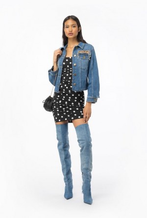 Pinko Denim Jacket With Rhinestone Logo MEDIUM LIGHT WASH | SN-PKO33598