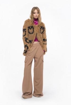 Pinko Faux Fur Coat With Love Birds Logo CAMEL/BLACK | SN-PKO33633