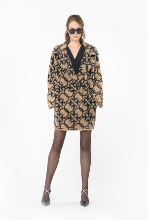 Pinko Faux Fur Love Birds Coat CAMEL/BLACK | SN-PKO33588