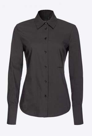 Pinko Fitted-waist Poplin Shirt With Embroidered Logo LIMO BLACK | SN-PKO33145