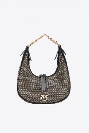 Pinko Fully Rhinestoned Mini Brioche Bag Hobo LIMO BLACK-SHINY GOLD | SN-PKO32597