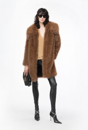 Pinko Fur-effect Pea Coat SOIL BROWN | SN-PKO33671