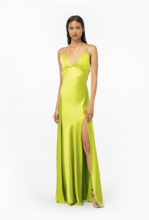 Pinko Hammered Satin Slip Dress LIME YELLOW | SN-PKO33052