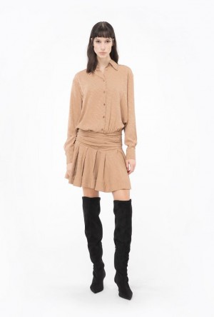 Pinko Jacquard Shirt Dress With Fluid Logo DARK LATTE | SN-PKO33004