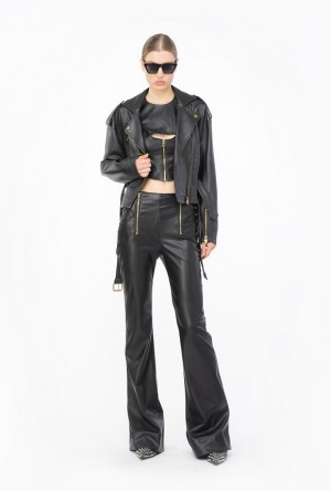 Pinko Leather-effect Flared Trousers LIMO BLACK | SN-PKO33760