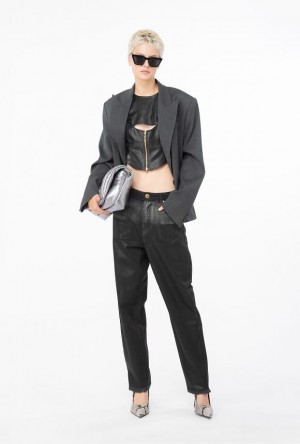 Pinko Leather-look Mom Jeans With Sash GREY/BLACK | SN-PKO34026