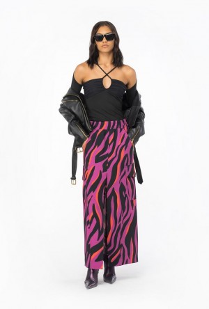 Pinko Long Cargo Skirt With Psychedelic Zebra Print BOUGAINVILLEA/BLACK/ORANGE | SN-PKO34084