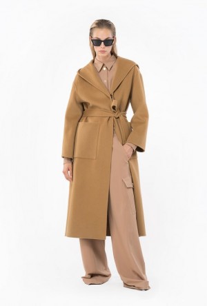 Pinko Long Cloth Coat With Hood MOCHA CAMEL | SN-PKO33667