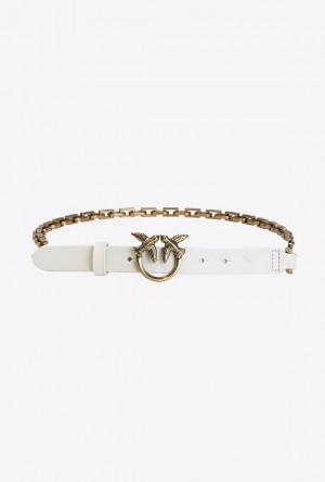 Pinko Love Birds Belt With Chain WHITE+WHITE-ANTIQUE GOLD | SN-PKO34186