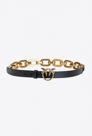 Pinko Love Birds Belt With Large Chain BLACK-ANTIQUE GOLD | SN-PKO34211