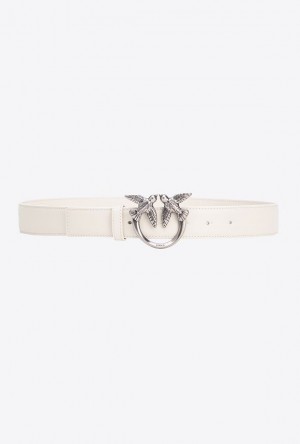 Pinko Love Birds Leather Belt 3cm WHITE+WHITE-OLD SILVER | SN-PKO34171