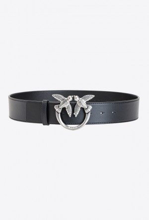 Pinko Love Birds Leather Belt BLACK-OLD SILVER | SN-PKO34196