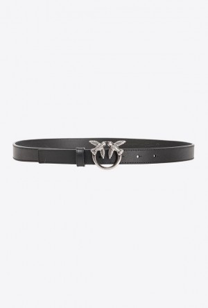 Pinko Love Birds Thin Leather Belt 2cm BLACK-OLD SILVER | SN-PKO34251