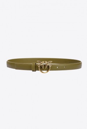 Pinko Love Birds Thin Leather Belt 2cm FIR GREEN-ANTIQUE GOLD | SN-PKO34235