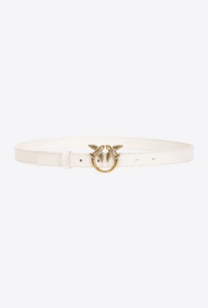 Pinko Love Birds Thin Leather Belt 2cm WHITE+WHITE-ANTIQUE GOLD | SN-PKO34238