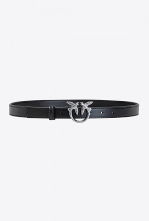 Pinko Love Birds Thin Leather Belt BLACK-OLD SILVER | SN-PKO34173