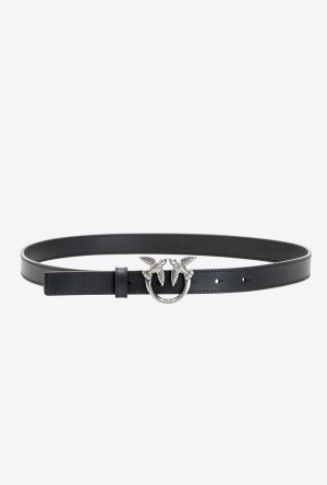 Pinko Love Birds Thin Leather Belt BLACK-OLD SILVER | SN-PKO34195