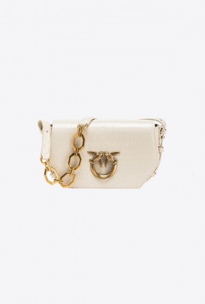 Pinko Mini Love Bag Click Exagon In Patent Crocodile-print Leather WHITE+WHITE-ANTIQUE GOLD | SN-PKO32435