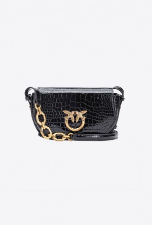 Pinko Mini Love Bag Click Exagon In Patent Crocodile-print Leather BLACK-ANTIQUE GOLD | SN-PKO32436