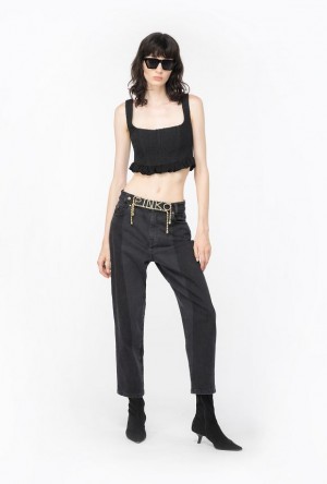 Pinko Mom-fit Black Denim Jeans With Rhinestone Logo GREY/BLACK | SN-PKO34021