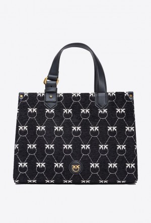 Pinko Monogram Jacquard Shopper Box Bag BLACK/WHITE-ANTIQUE GOLD | SN-PKO32401