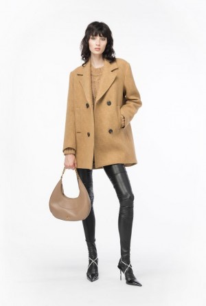 Pinko Monogrammed Jacquard Pea Coat MOCHA CAMEL | SN-PKO33666