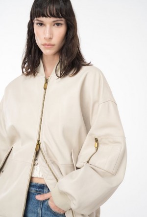 Pinko Nappa Leather Bomber Jacket BEIGE-OATMEAL | SN-PKO33573