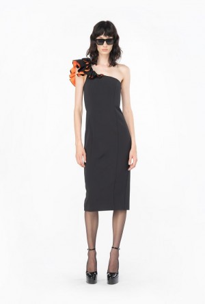 Pinko One-shoulder Calf-length Dress With Ruching BLACK/ORANGE | SN-PKO33110