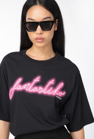 Pinko Oversized T-shirt With Fantastiko Print BLACK/FUCHSIA | SN-PKO33360