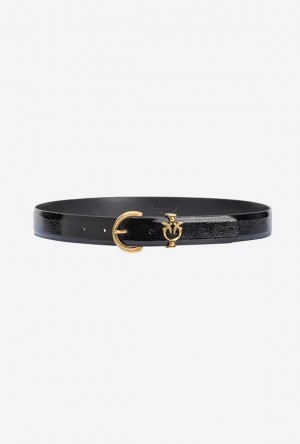 Pinko Patent Leather Belt With Love Birds Detail 3cm BLACK-ANTIQUE GOLD | SN-PKO34225