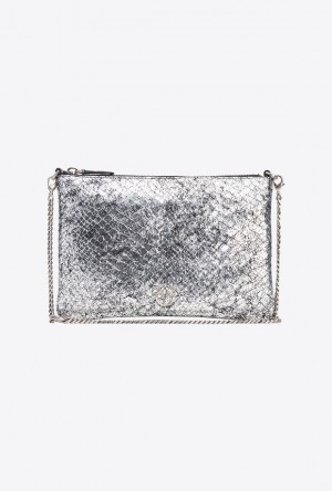 Pinko Pinko Galleria Crackle-effect Crocodile Flat Love Bag DARK SILVER-OLD SILVER | SN-PKO32348