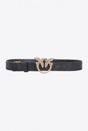 Pinko Pinko Galleria Glittery Reptile-print Belt With Love Birds 3cm BLACK-BRUSHED GOLD | SN-PKO34181