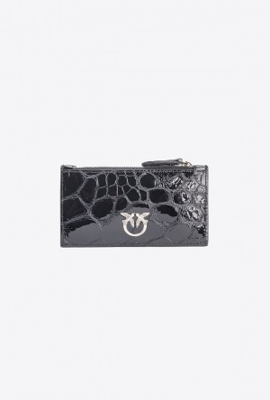 Pinko Pinko Galleria Glossy Crocodile-print Card Holder BLACK-OLD SILVER | SN-PKO34298