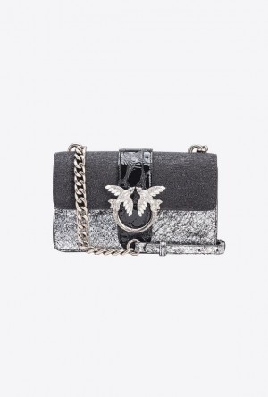 Pinko Pinko Galleria Laminated Lizard-print Mini Love Bag One BLACK/SILVER-OLD SILVER | SN-PKO32338