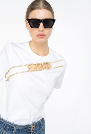 Pinko Rhinestone Logo T-shirt BRIGHT WHITE | SN-PKO33364