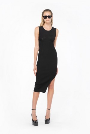 Pinko Ribbed Knit Calf-length Dress LIMO BLACK | SN-PKO33016