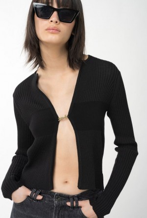 Pinko Ribbed Knit Open Cardigan LIMO BLACK | SN-PKO33465