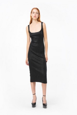 Pinko Shiny-effect Ribbed Dress BLACK/BLACK | SN-PKO33009