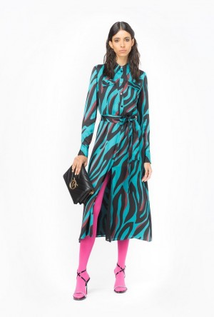 Pinko Shirt Dress With Psychedelic Zebra Print GREEN/BLACK/BURGUNDY | SN-PKO33066