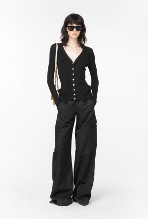 Pinko Slim-fit Ribbed Cardigan With Ruching LIMO BLACK | SN-PKO33461