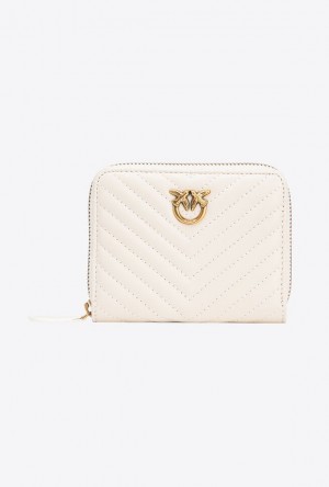 Pinko Square Zip-around Wallet In Chevron-patterned Nappa Leather WHITE+WHITE-ANTIQUE GOLD | SN-PKO34276