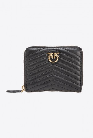 Pinko Square Zip-around Wallet In Chevron-patterned Nappa Leather BLACK-ANTIQUE GOLD | SN-PKO34278