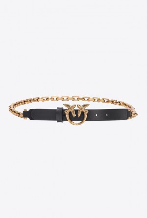 Pinko Thin Love Birds Belt With Chain 2cm BLACK-ANTIQUE GOLD | SN-PKO34183