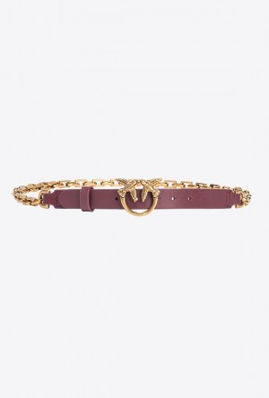 Pinko Thin Love Birds Belt With Chain 2cm INTENSE BERRY-ANTIQUE GOLD | SN-PKO34204