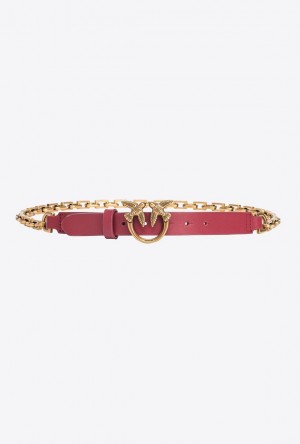 Pinko Thin Love Birds Belt With Chain 2cm DARK RED-ANTIQUE GOLD | SN-PKO34205