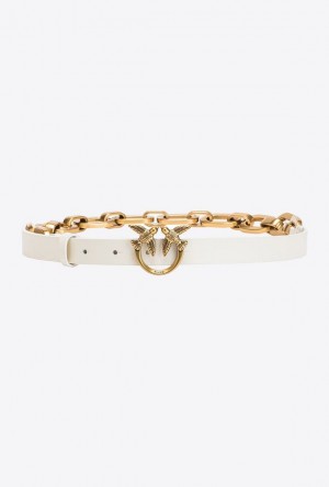 Pinko Thin Love Birds Belt With Chain WHITE+WHITE-ANTIQUE GOLD | SN-PKO34166