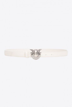 Pinko Thin Love Birds Belt With Rhinestones 2cm WHITE+WHITE-OLD SILVER | SN-PKO34248